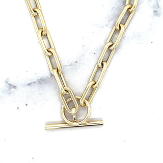 14K Yellow Gold 18.5" Polished Paperclip Link Necklace 5mm wide with Toggle Clasp, Real Gold Chain, Women Paperclip