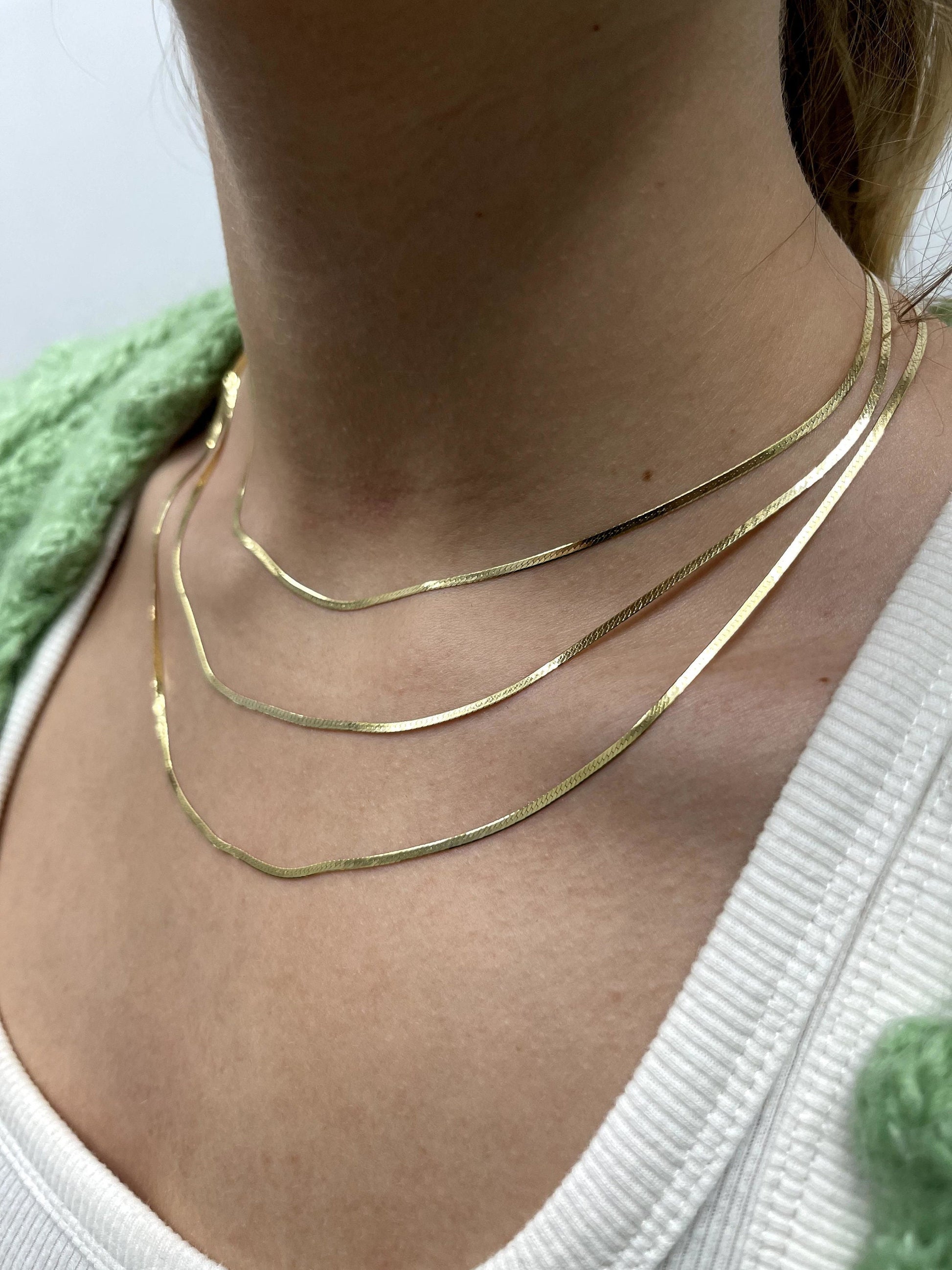 14K Yellow Gold 16" 18" 20" Inch Delicate Flat Polished Beveled Herringbone Chain 1.5mm Wide, Real Gold Chain, Women Herringbone Necklace