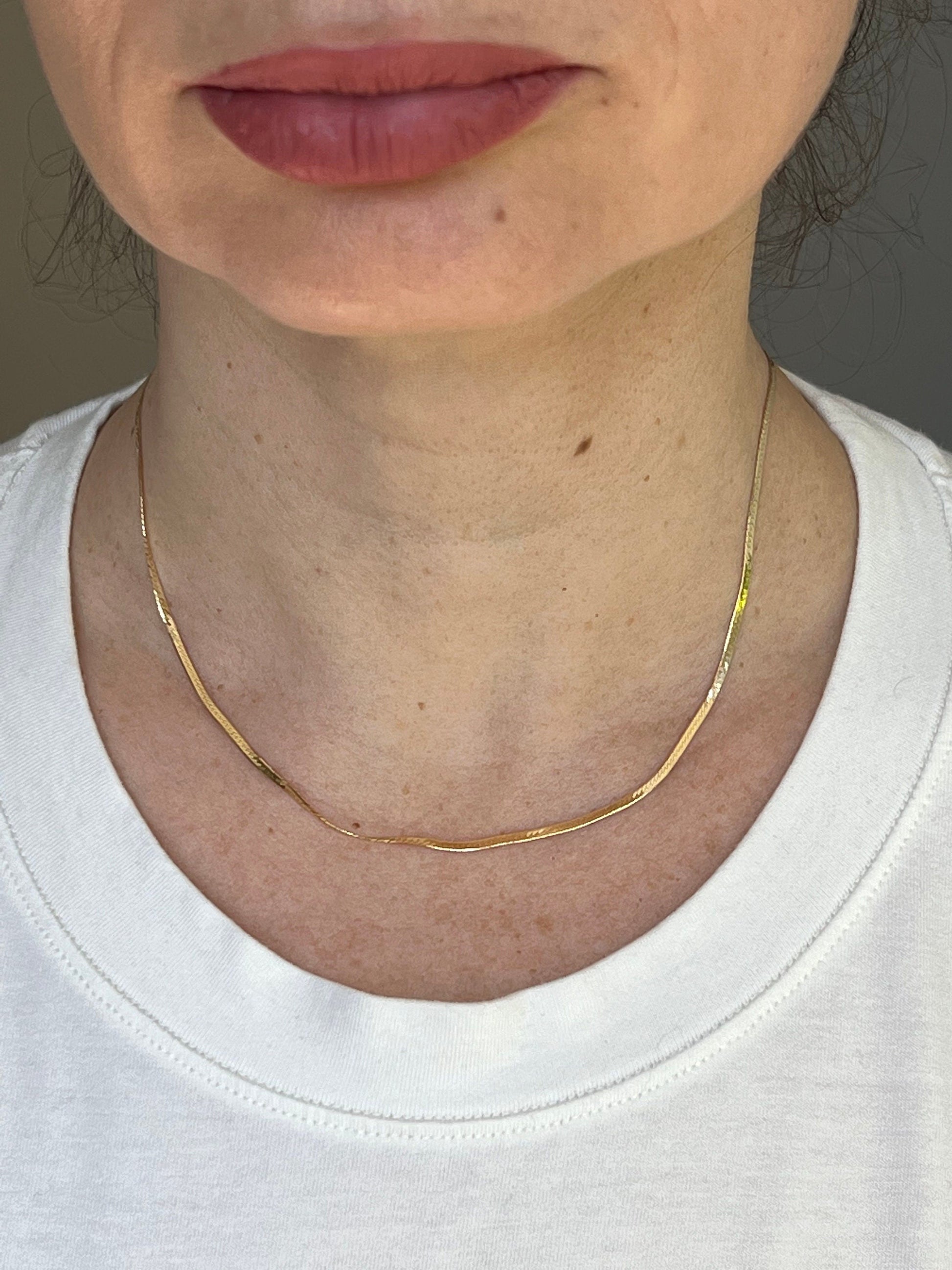 14K Yellow Gold 16" 18" 20" Inch Delicate Flat Polished Beveled Herringbone Chain 1.5mm Wide, Real Gold Chain, Women Herringbone Necklace