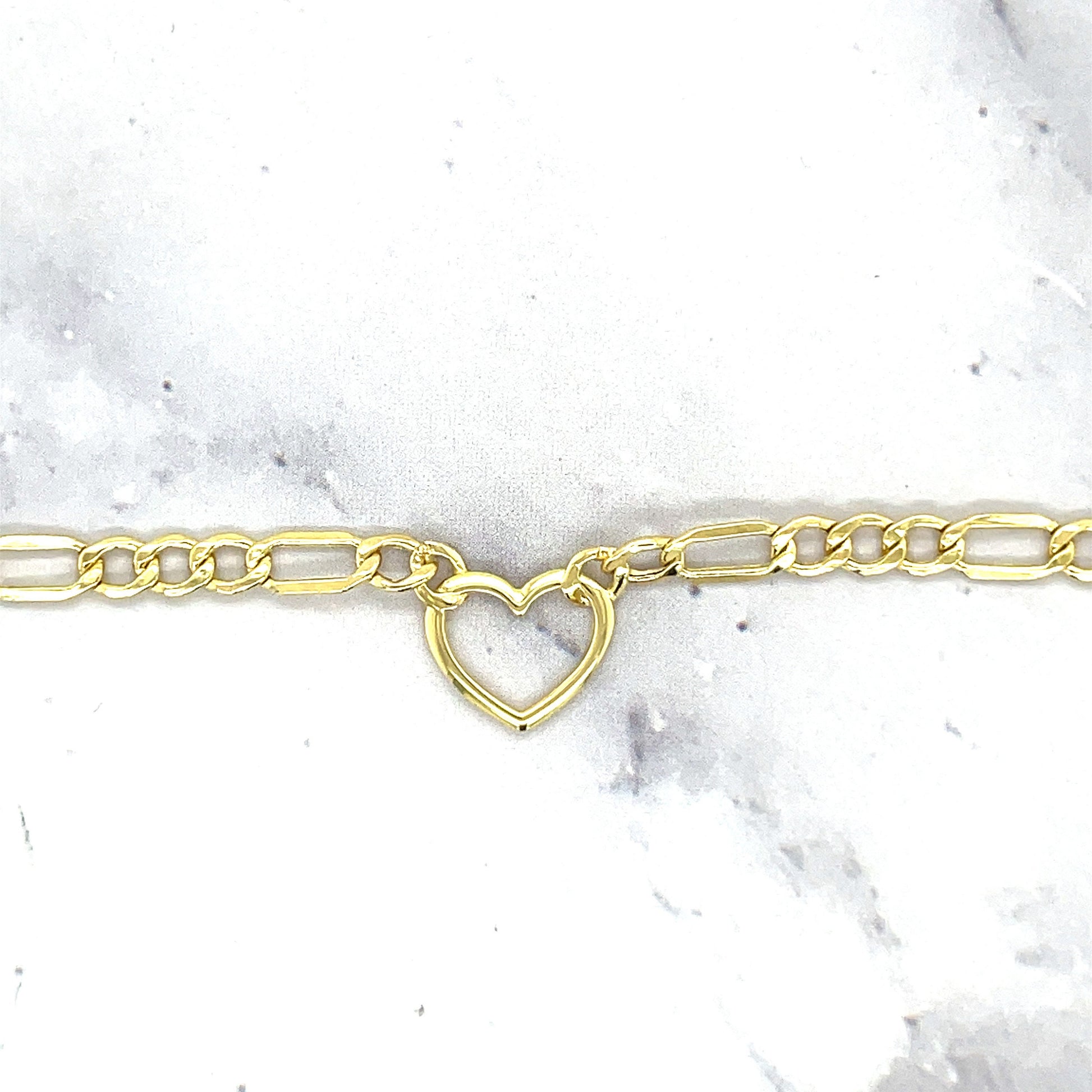 14K Yellow Gold 18" Figaro Heart Charm Necklace 3.6mm Wide, Women Necklace, Hearts, Real Gold Chain, Gift For Her