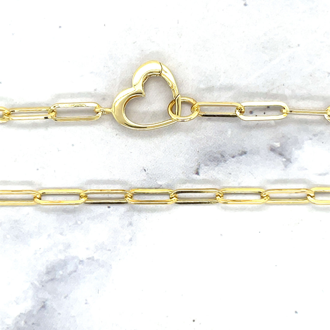 14K Yellow Gold 18" Heart Push Lock Paperclip Necklace, Heart Charm Holder, Real Gold Paperclip Chain, Women