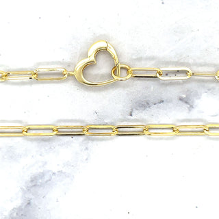 14K Yellow Gold 18" Heart Push Lock Paperclip Necklace, Heart Charm Holder, Real Gold Paperclip Chain, Women