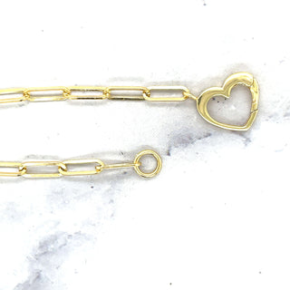 14K Yellow Gold 18" Heart Push Lock Paperclip Necklace, Heart Charm Holder, Real Gold Paperclip Chain, Women