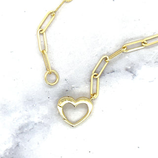 14K Yellow Gold 18" Heart Push Lock Paperclip Necklace, Heart Charm Holder, Real Gold Paperclip Chain, Women