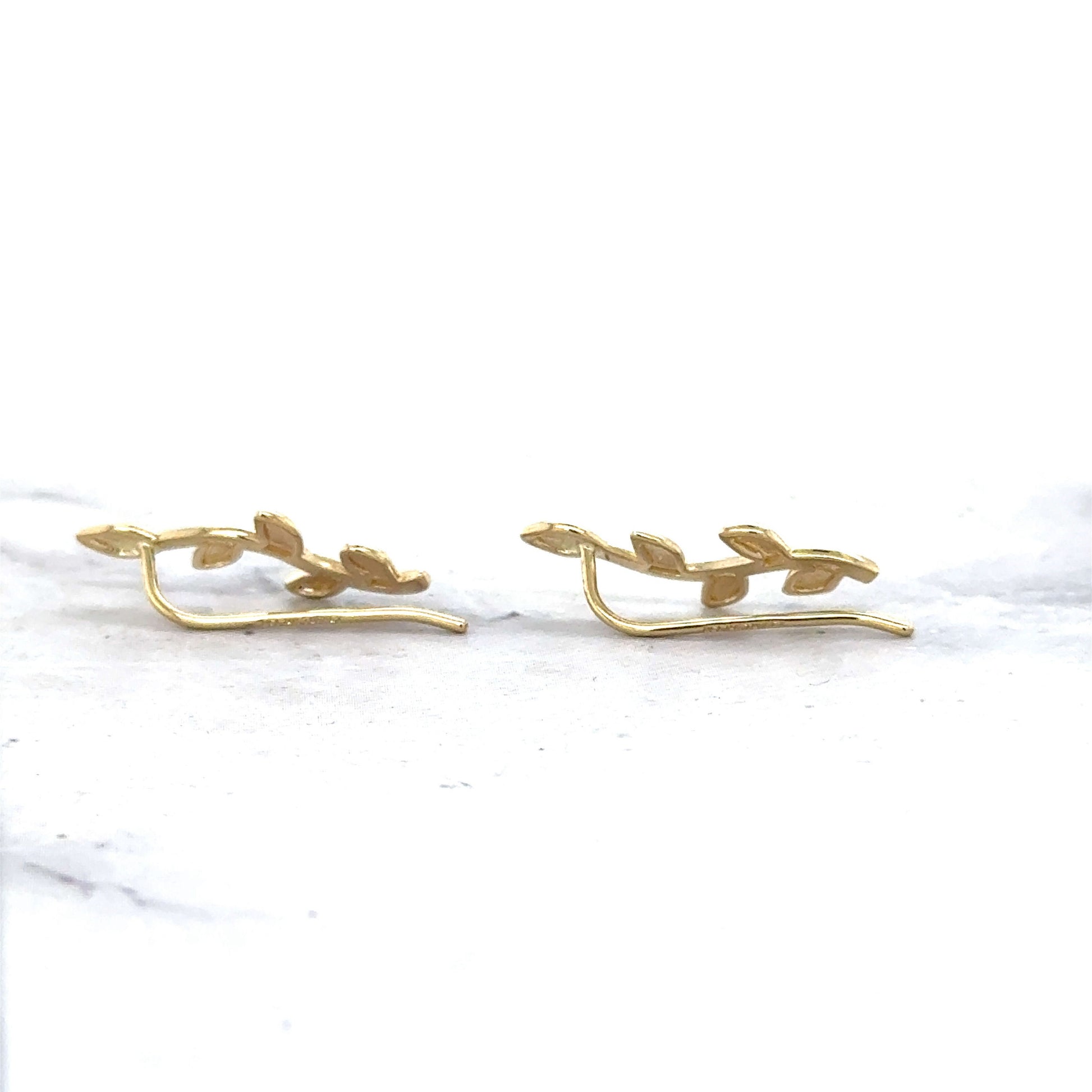 14K Yellow Gold Leaf Ear Climber Earrings, Ear Crawler, Real Gold Earrings, Women