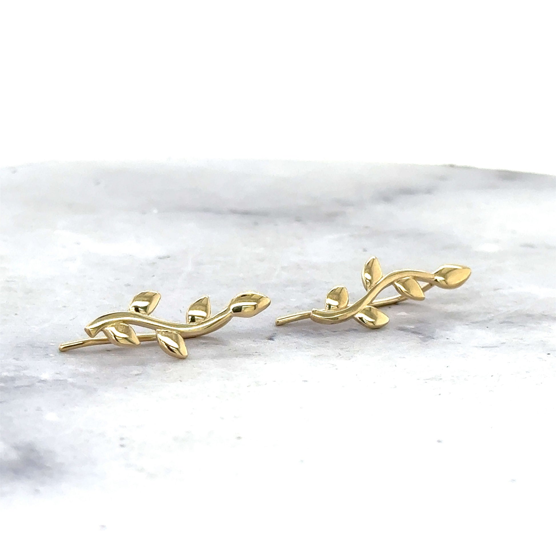 14K Yellow Gold Leaf Ear Climber Earrings, Ear Crawler, Real Gold Earrings, Women