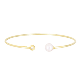 14K Yellow Gold 7mm Freshwater Pearl and Diamond, Open Cuff Bangle Bracelet, Real Gold, Earth Mined Diamond, Women