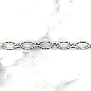 14K White Gold 8.6mm Diamond Cut/ Textured Oval Link Chain Bracelet, 7.25" Real Gold Bracelet, Women Bracelet