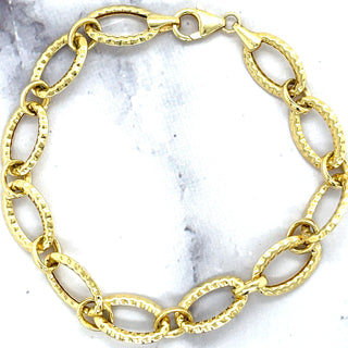 14K Yellow Gold 8.6mm Diamond Cut/ Textured Oval Link Chain Bracelet, 7.25" Real Gold Bracelet, Women Bracelet