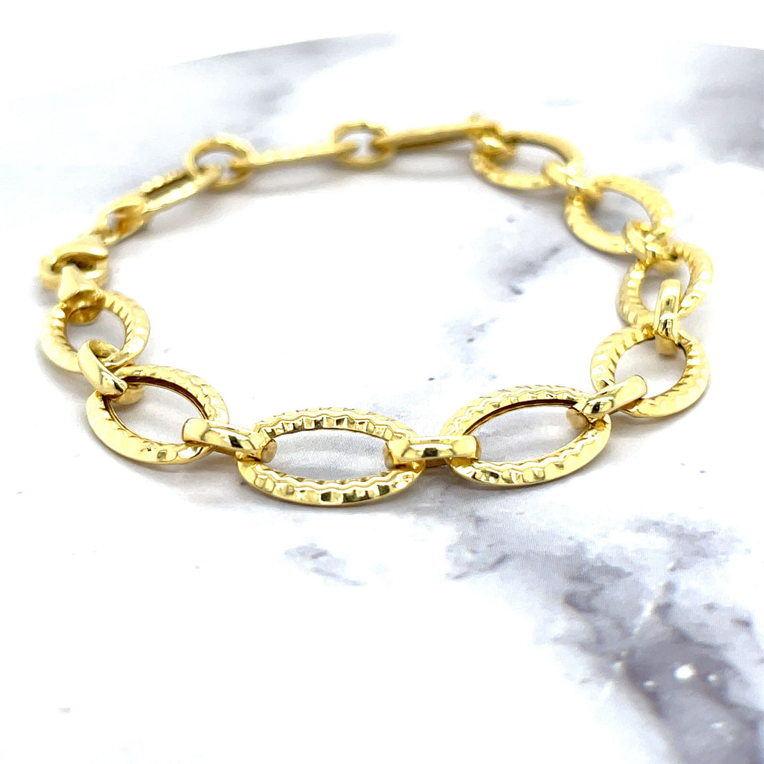 14K Yellow Gold 8.6mm Diamond Cut/ Textured Oval Link Chain Bracelet, 7.25" Real Gold Bracelet, Women Bracelet