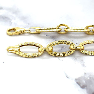 14K Yellow Gold 8.6mm Diamond Cut/ Textured Oval Link Chain Bracelet, 7.25" Real Gold Bracelet, Women Bracelet