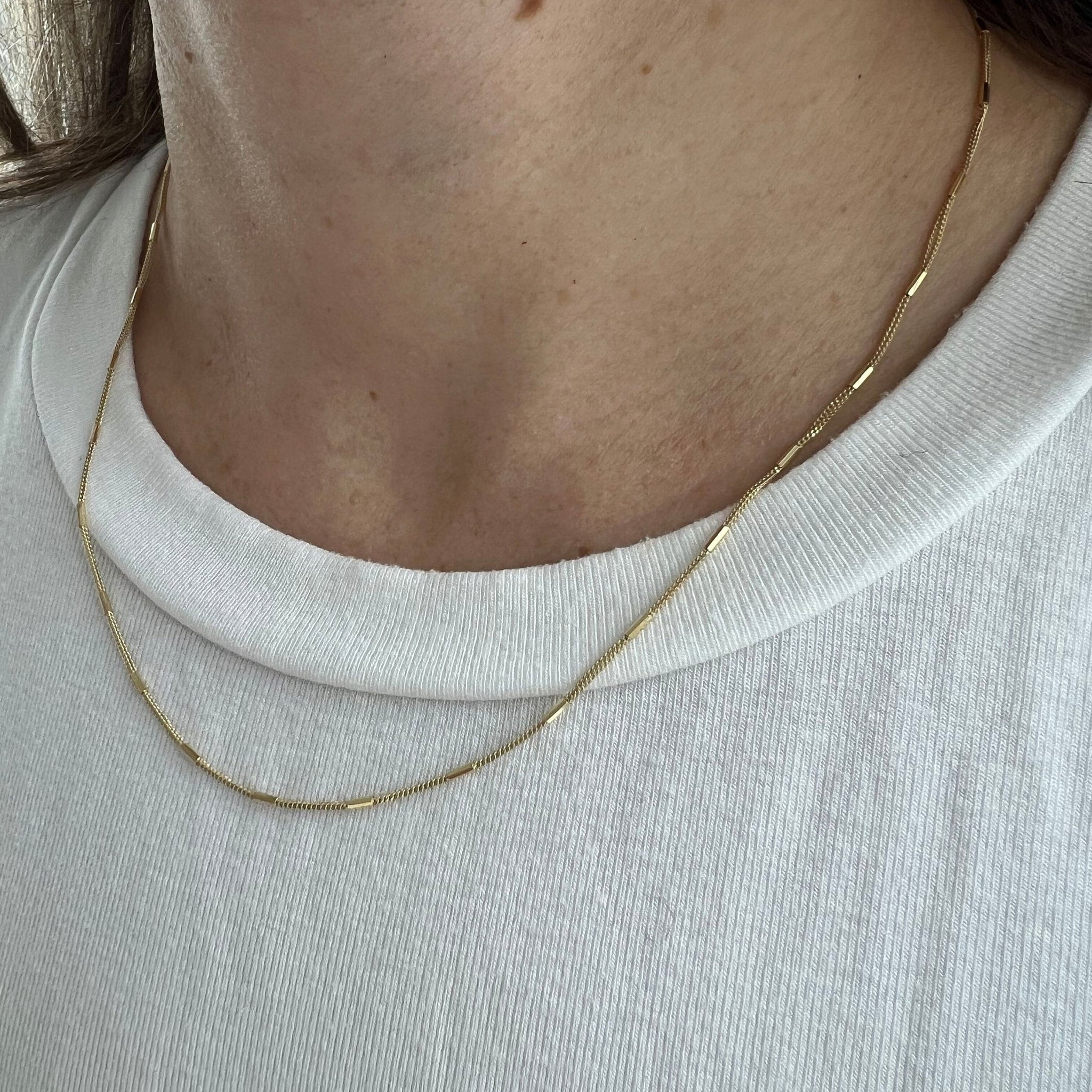 Solid 14K Yellow Gold 1.3mm Yellow Gold Bar Station On Yellow Gold Saturn Chain, 16" 18" 20", Real Gold Necklace, Saturn Necklace, Women