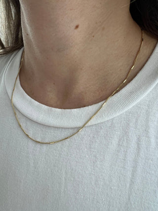 Solid 14K Yellow Gold 1.3mm Yellow Gold Bar Station On Yellow Gold Saturn Chain, 16" 18" 20", Real Gold Necklace, Saturn Necklace, Women