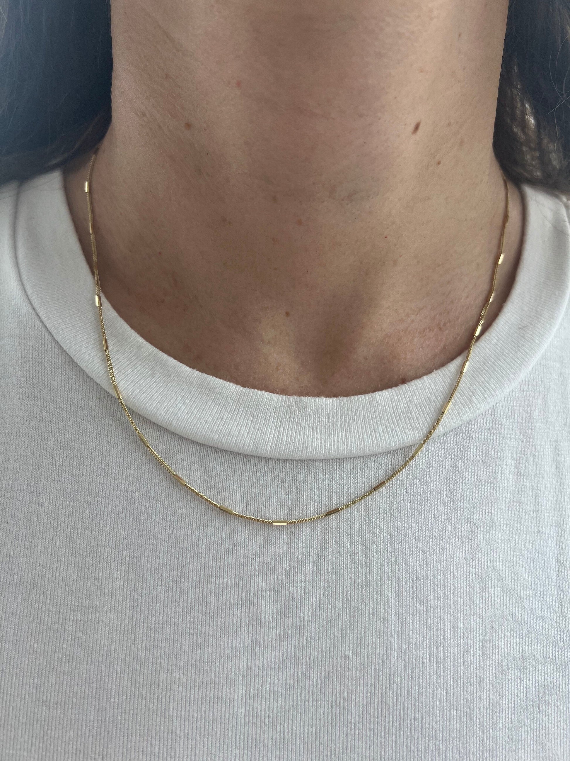 Solid 14K Yellow Gold 1.3mm Yellow Gold Bar Station On Yellow Gold Saturn Chain, 16" 18" 20", Real Gold Necklace, Saturn Necklace, Women