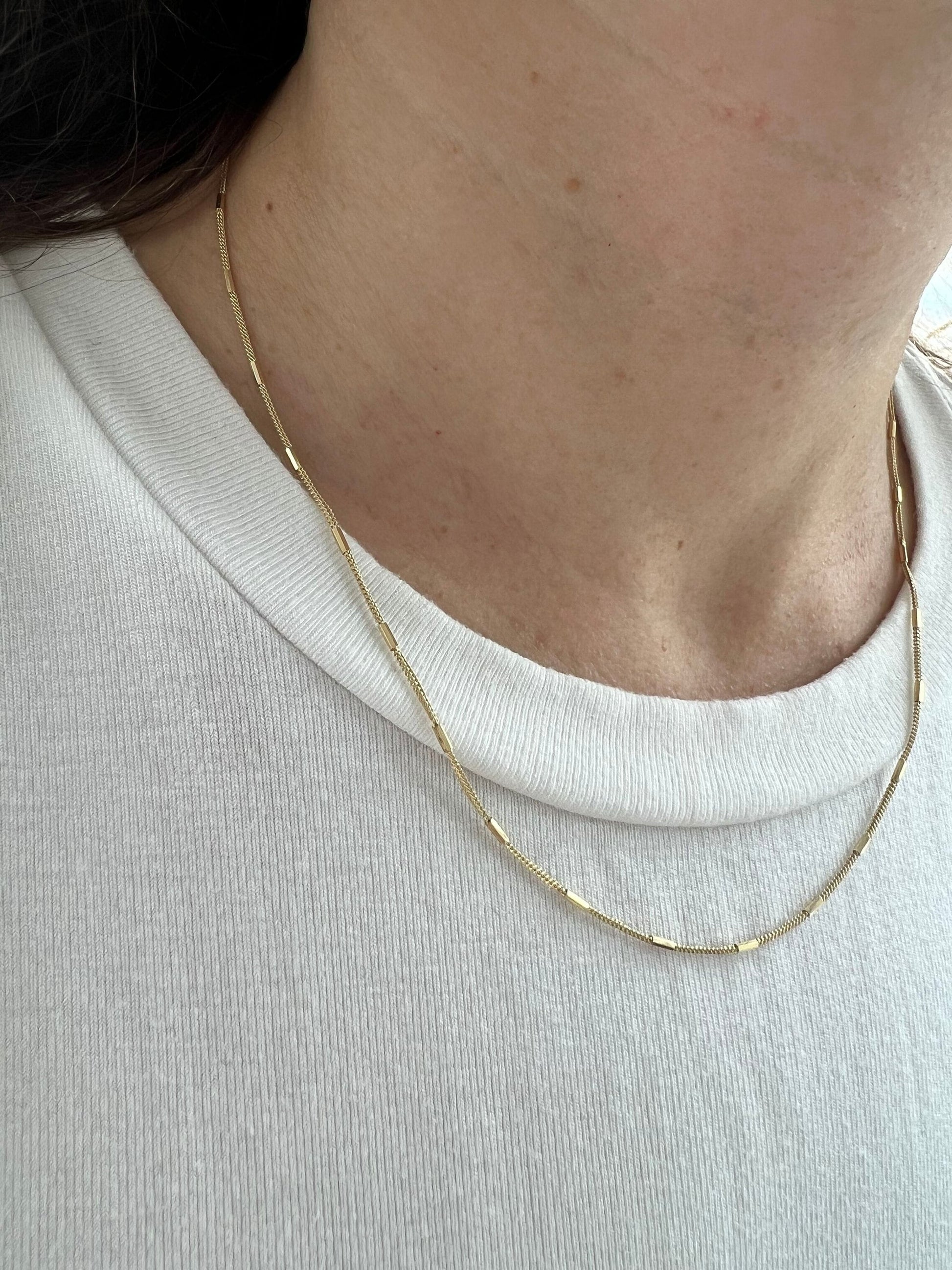 Solid 14K Yellow Gold 1.3mm Yellow Gold Bar Station On Yellow Gold Saturn Chain, 16" 18" 20", Real Gold Necklace, Saturn Necklace, Women