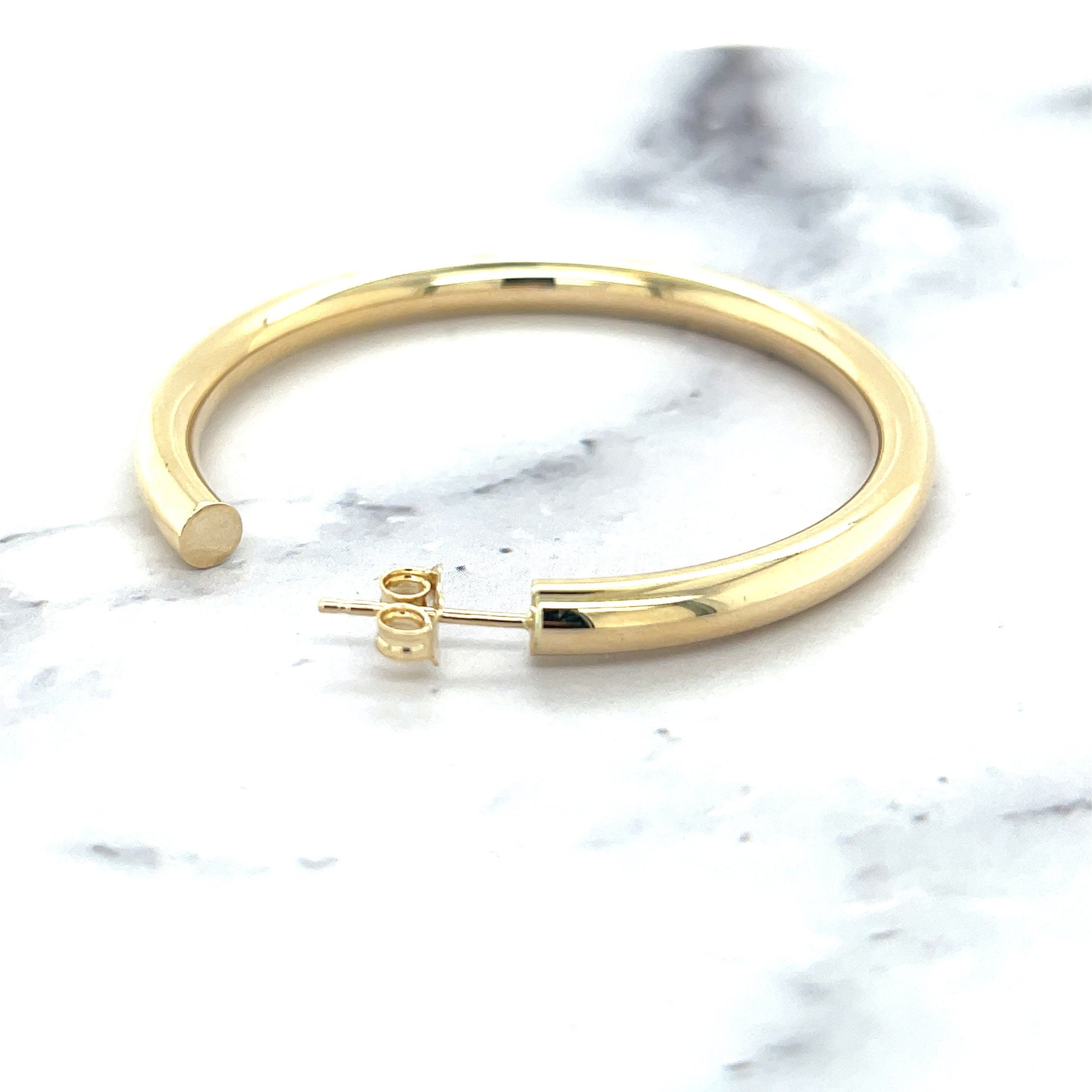 14K Yellow Gold 40mm C Hoop Earring With Push Back Clasp, 4mm Thick ,Real Gold Hoop Earrings, White Gold, Rose Gold, Women