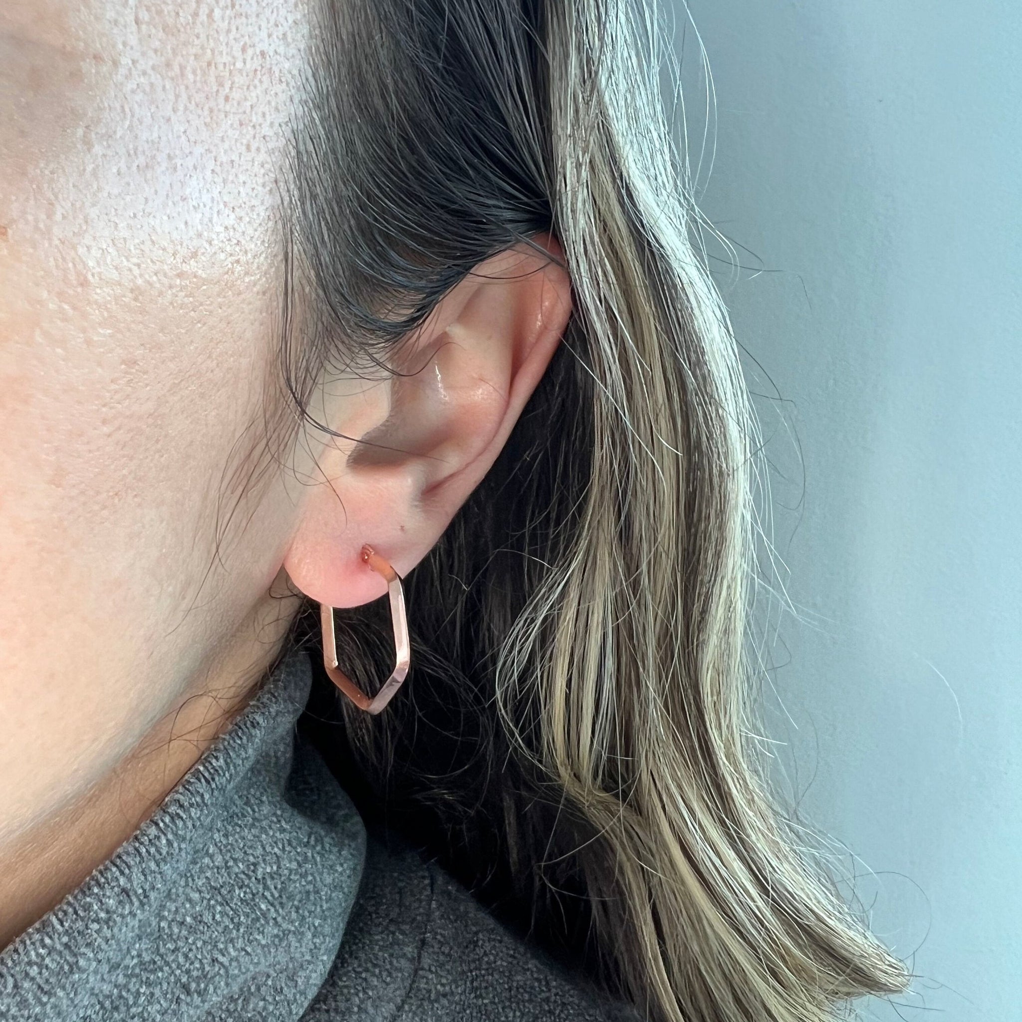 14K Rose Gold Hexagon Hoop Earrings With Hinged Clasp, Real Gold Hoops, Hexagon Hoops, Real Gold Earrings, Women