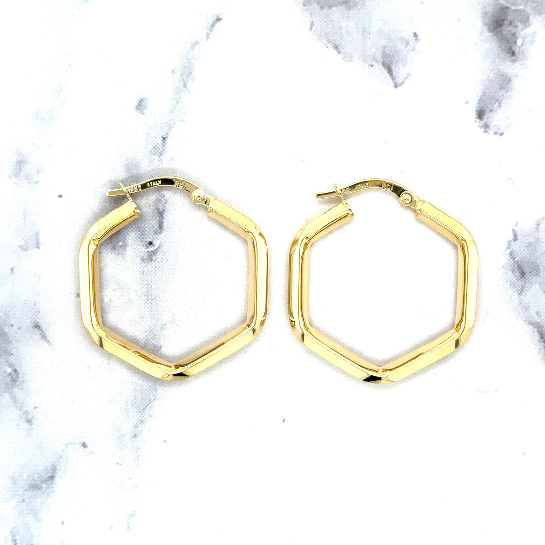 14K Yellow Gold Hexagon Hoop Earrings With Hinged Clasp, Real Gold Hoops, Hexagon Hoops, Women