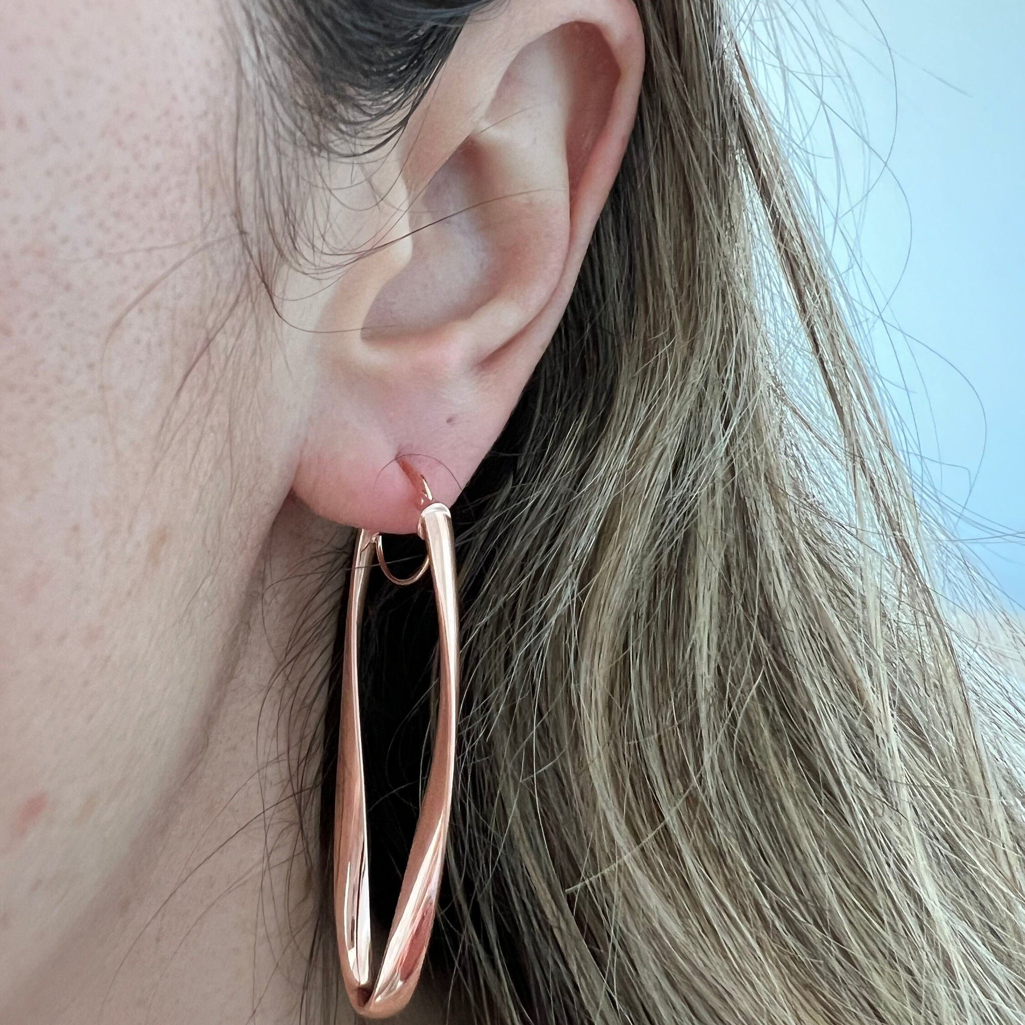 14K Rose Gold 50x15mm Twisted Oval Hinged Hoop Earrings, 3.5mm Thick, Oval Earrings, Twist Hoops, Real Gold Hoops, Women