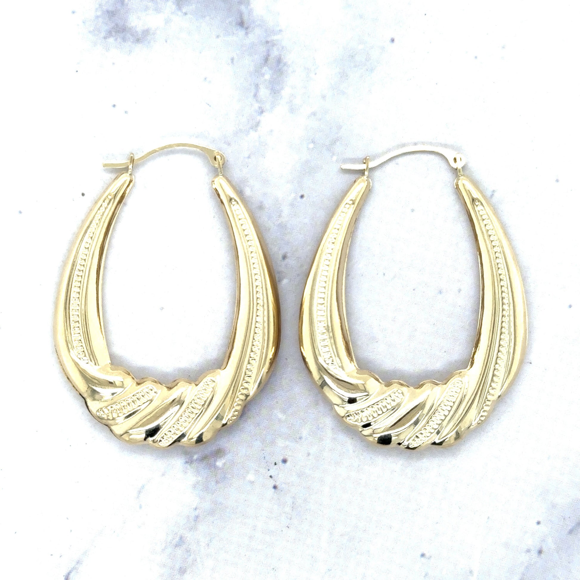 14K Yellow Gold Textured Graduated Puffy Oval Hoop Earrings, Oval Hoops, Real Gold Earrings, Women