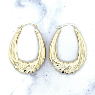 14K Yellow Gold Textured Graduated Puffy Oval Hoop Earrings, Oval Hoops, Real Gold Earrings, Women