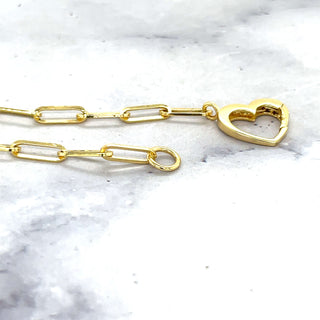 14K Yellow Gold 18" Heart Push Lock Paperclip Necklace, Heart Charm Holder, Real Gold Paperclip Chain, Women