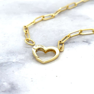 14K Yellow Gold 18" Heart Push Lock Paperclip Necklace, Heart Charm Holder, Real Gold Paperclip Chain, Women