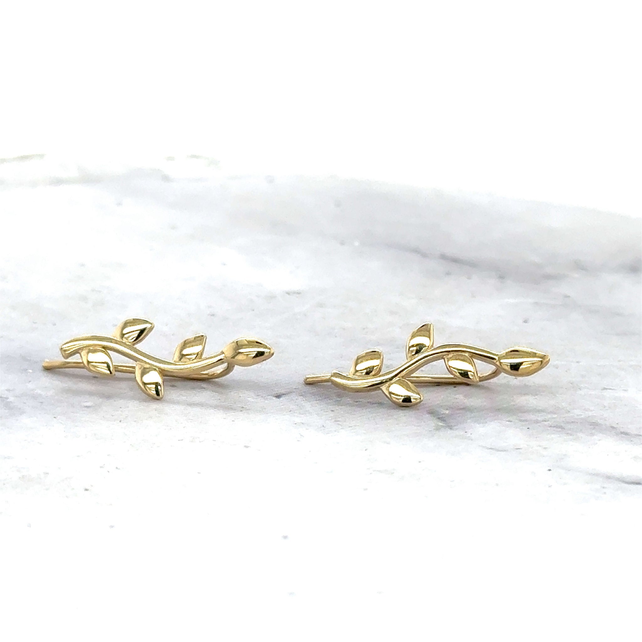 14K Yellow Gold Leaf Ear Climber Earrings, Ear Crawler, Real Gold Earrings, Women