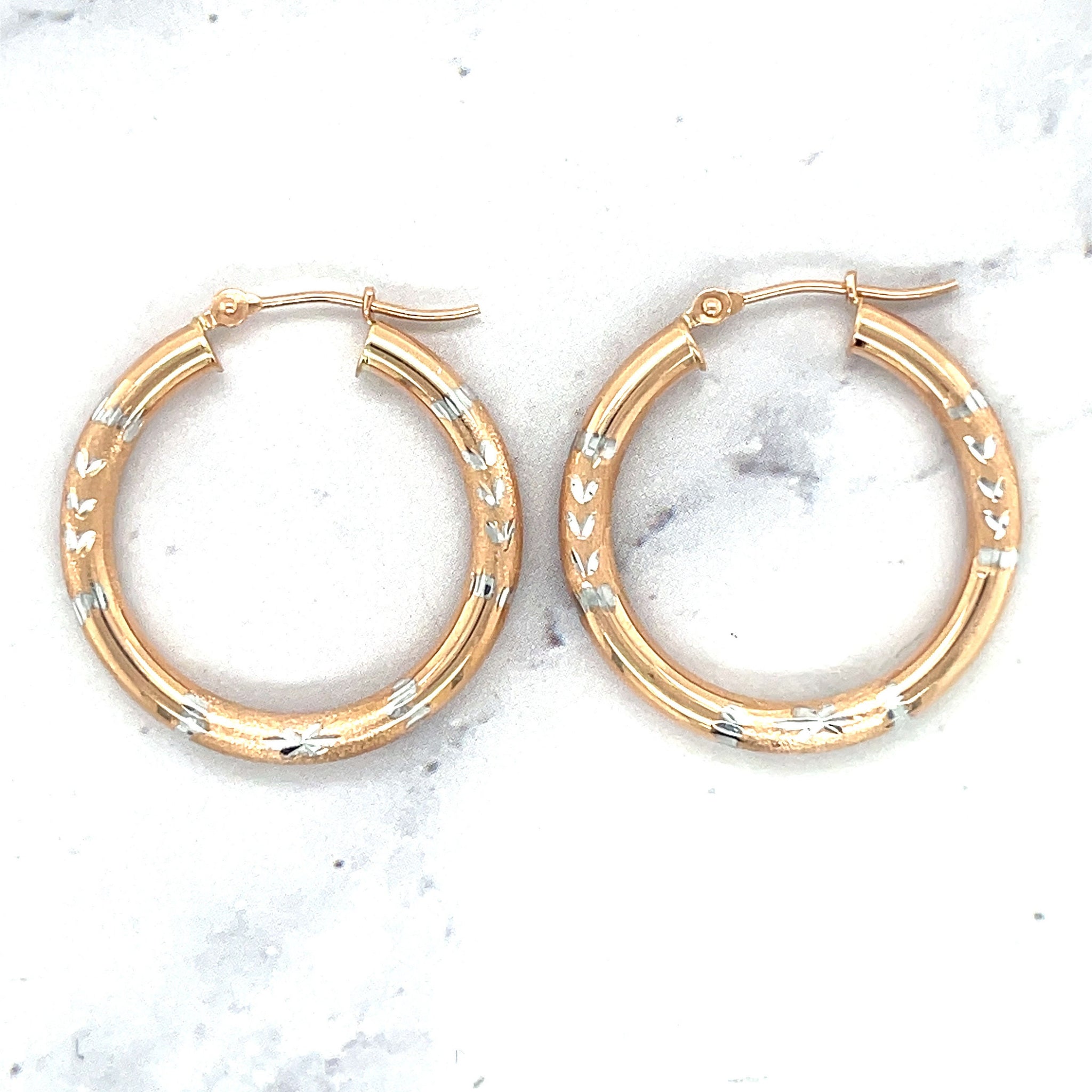 14K Rose & White Gold 25mm Diamond Cut/ Textured Hoop Earring, 3mm Thick ,Real Gold Hoop Earrings Gift for her