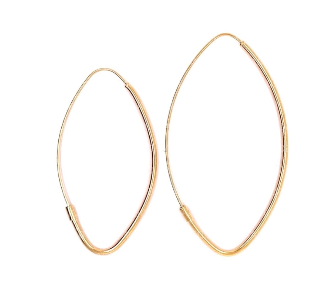 14K Yellow Gold Large Polished Marquise Fashion Hoop Earrings, Marquise Shape Hoop Earrings, Real Gold Hoops, Women