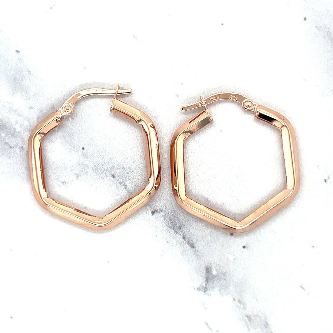 14K Rose Gold Hexagon Hoop Earrings With Hinged Clasp, Real Gold Hoops, Hexagon Hoops, Real Gold Earrings, Women