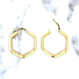 14K Yellow Gold Hexagon Hoop Earrings With Hinged Clasp, Real Gold Hoops, Hexagon Hoops, Women