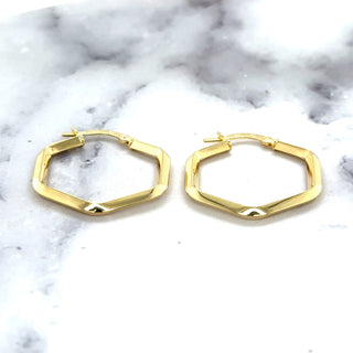 14K Yellow Gold Hexagon Hoop Earrings With Hinged Clasp, Real Gold Hoops, Hexagon Hoops, Women