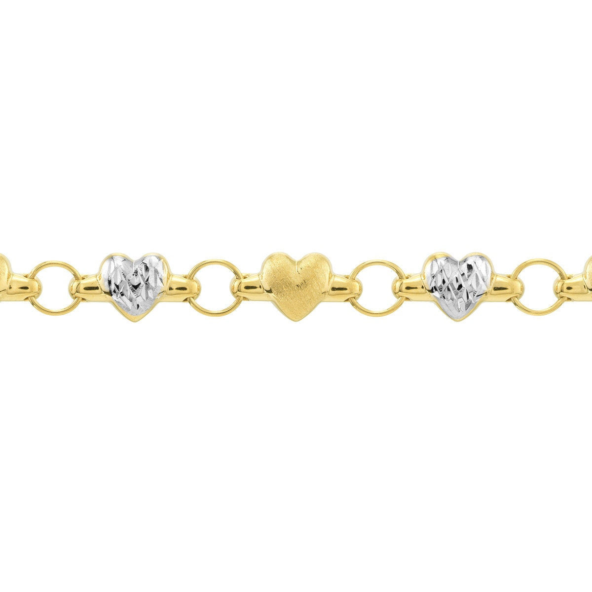 14K Yellow-white Gold Two-Tone Stampato & Satin Hearts Anklet 10", Gift For Her, Handmade Jewelry, Anklets For Women