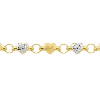 14K Yellow-white Gold Two-Tone Stampato & Satin Hearts Anklet 10", Gift For Her, Handmade Jewelry, Anklets For Women