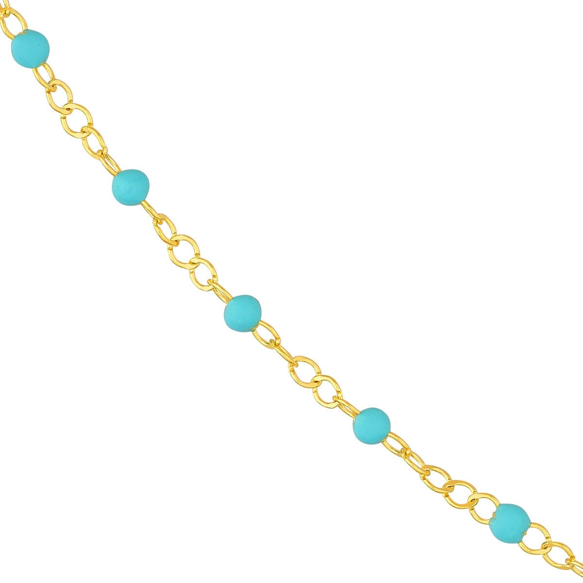 14K Yellow Gold Light Turquoise Enamel Bead on Piatto Chain, 10" Long, Gift For Her, Handmade Jewelry, Anklets For Women