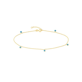 14K Yellow Gold Blue Turquoise Evil Eye Dangle Adjustable Anklet 10", Minimalist, Gift For Her, Handmade Jewelry, Anklets For Women