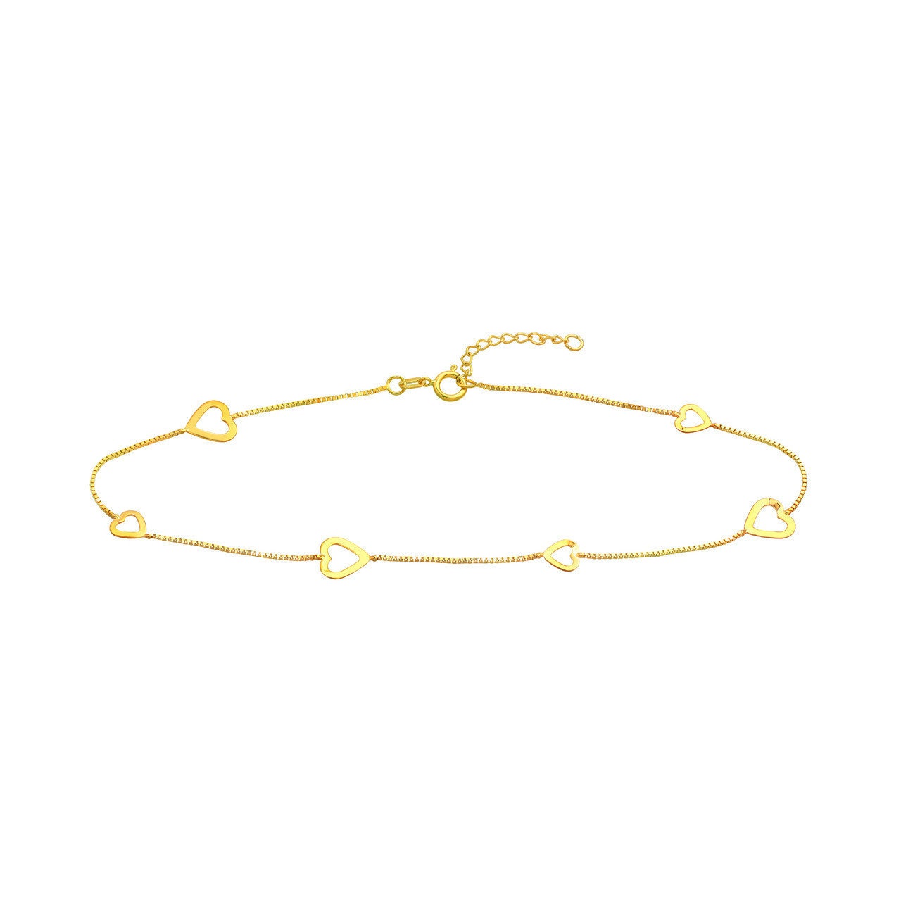 14K Yellow Gold Sideways Open Hearts Adjustable Anklet 10" Box Chain, Minimalist, Gift For Her, Handmade Jewelry, Anklets For Women