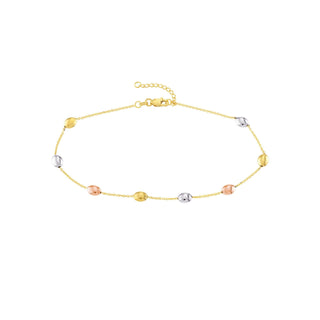 14kt Tri-Color Gold Satin and Polished Bead Adjustable Anklet 10" Long, Gift For Her, Handmade Jewelry, Anklets For Women