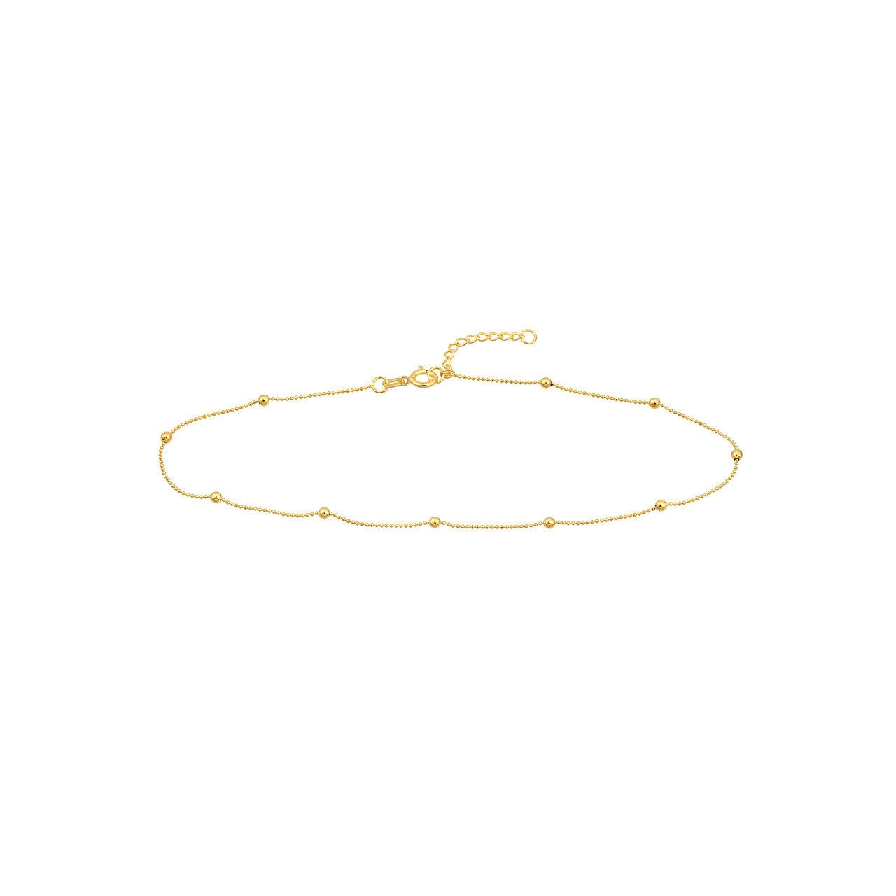 14K Yellow Gold Diamond Cut Bead Station Adjustable Anklet 10" Long, 2mm Wide, Gift For Her, Handmade Jewelry, Anklets For Women