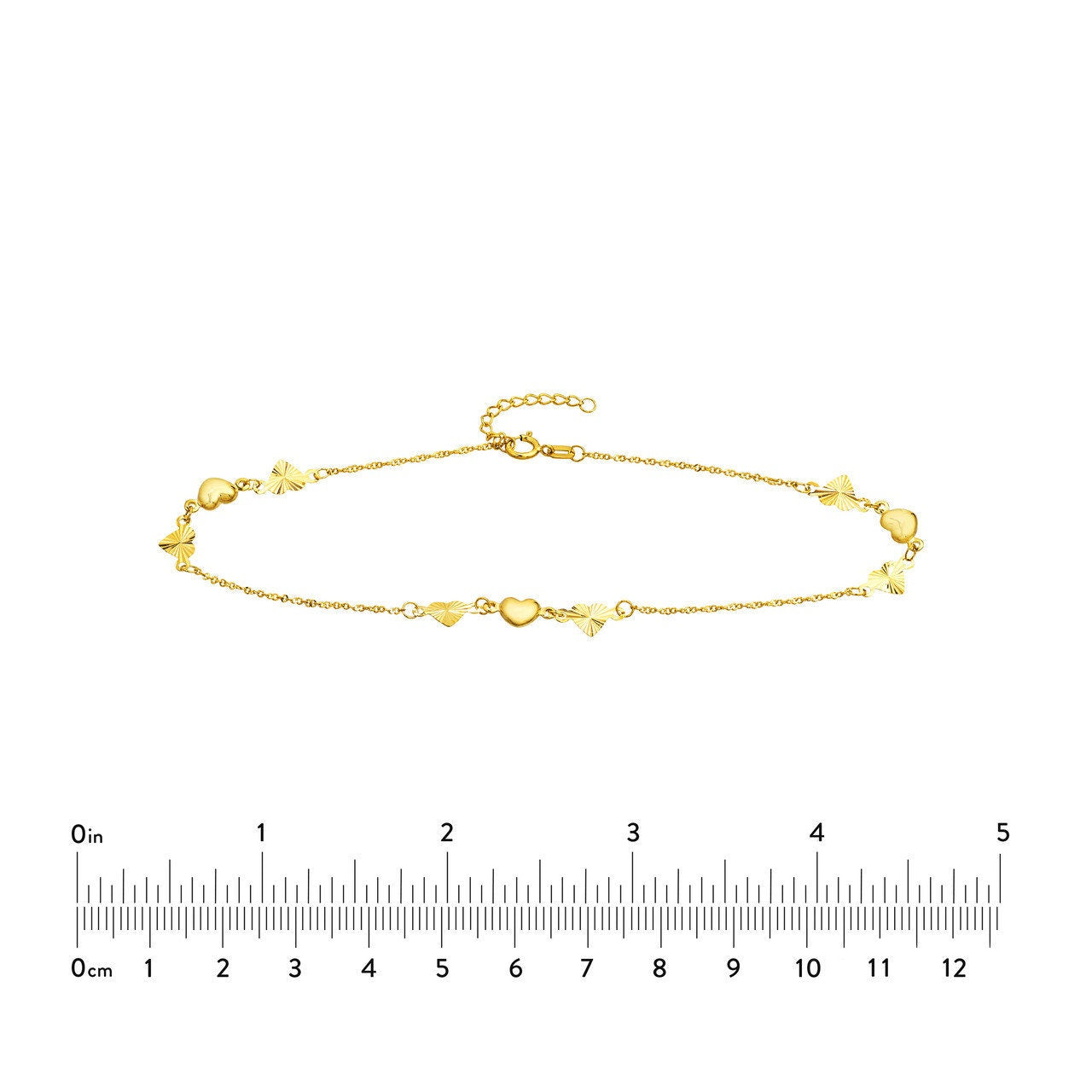 14K Yellow Gold Polished and Fluted Hearts Adjustable Anklet 10" Long, Gift For Her, Handmade Jewelry, Anklets For Women