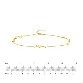 14K Yellow Gold Polished and Fluted Hearts Adjustable Anklet 10" Long, Gift For Her, Handmade Jewelry, Anklets For Women