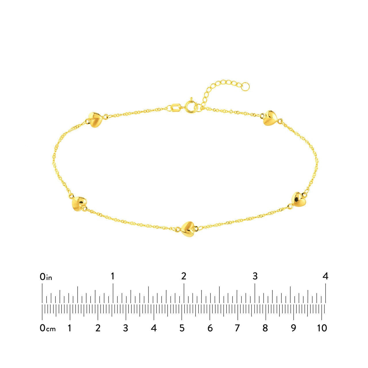 14K Yellow Gold Puff Hearts on Piatto Chain Adjustable Anklet,10" Long, Gift For Her, Handmade Jewelry, Anklets For Women