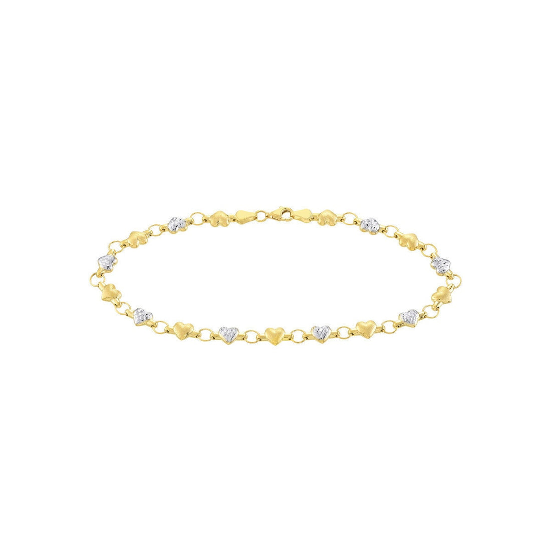 14K Yellow-white Gold Two-Tone Stampato & Satin Hearts Anklet 10", Gift For Her, Handmade Jewelry, Anklets For Women