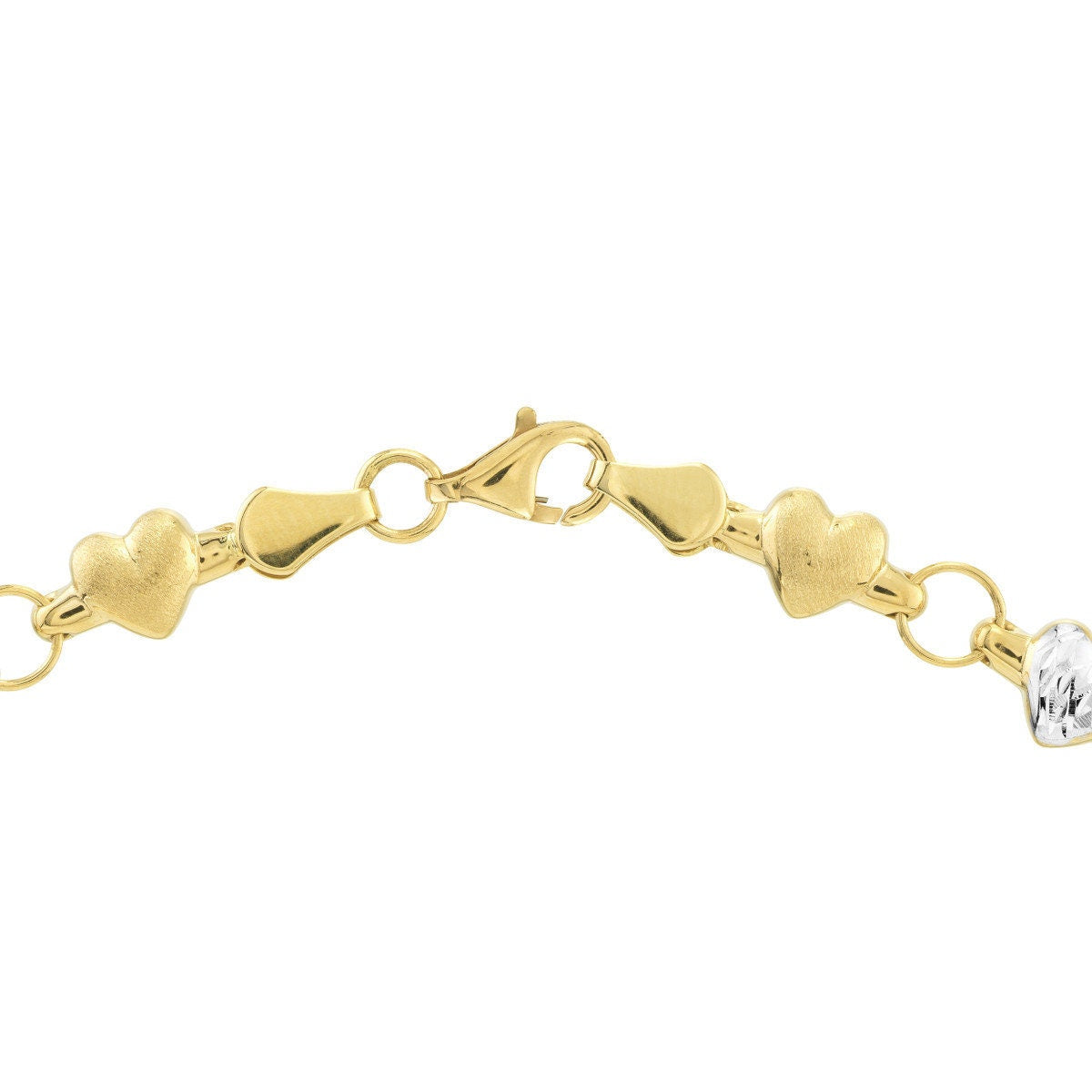 14K Yellow-white Gold Two-Tone Stampato & Satin Hearts Anklet 10", Gift For Her, Handmade Jewelry, Anklets For Women