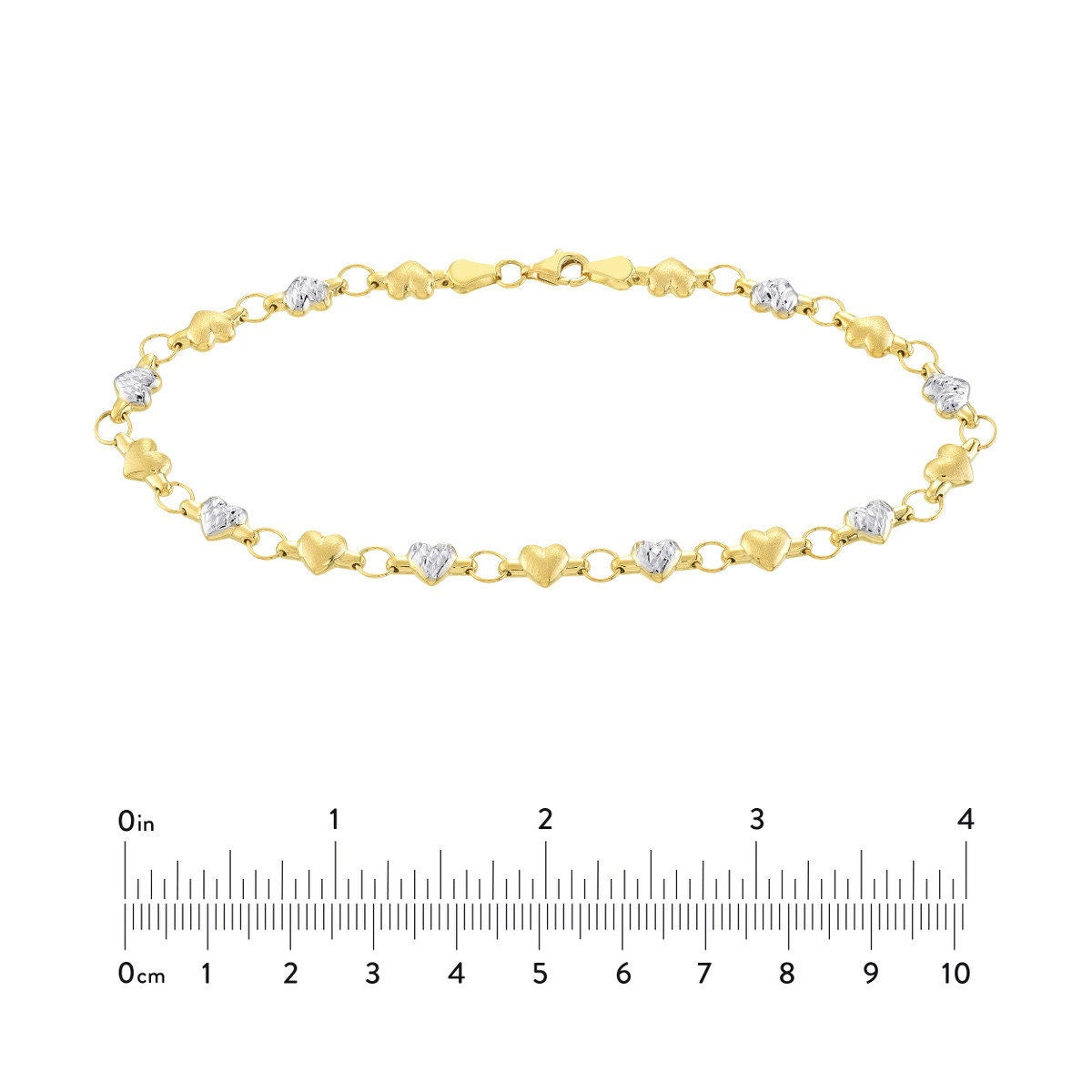 14K Yellow-white Gold Two-Tone Stampato & Satin Hearts Anklet 10", Gift For Her, Handmade Jewelry, Anklets For Women