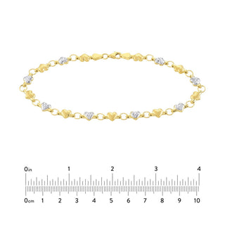 14K Yellow-white Gold Two-Tone Stampato & Satin Hearts Anklet 10", Gift For Her, Handmade Jewelry, Anklets For Women