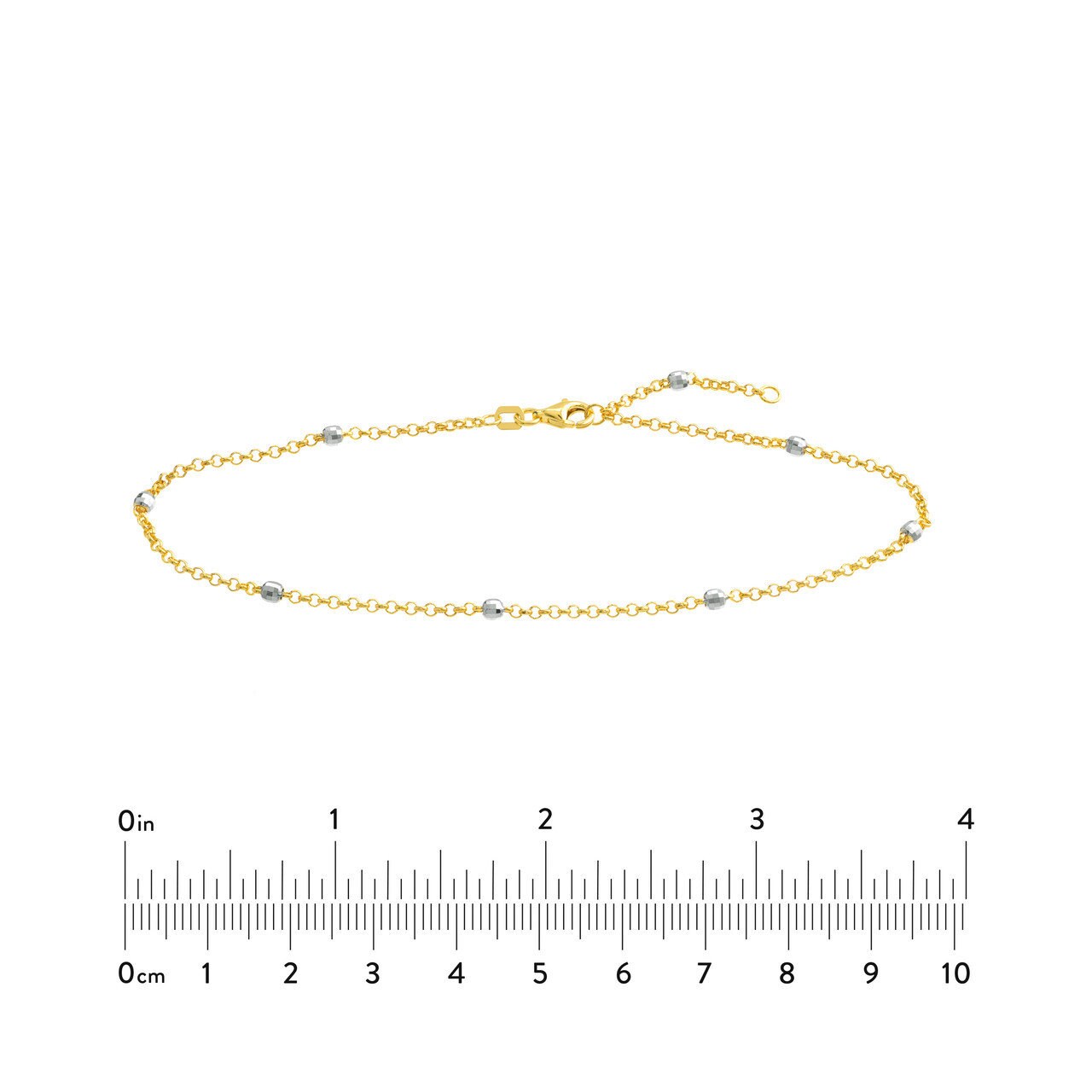 14K Yellow-White Gold 3mm Two-Tone Disco Bead Rolo Chain Anklet, 10", Gift For Her, Handmade Jewelry, Anklets For Women