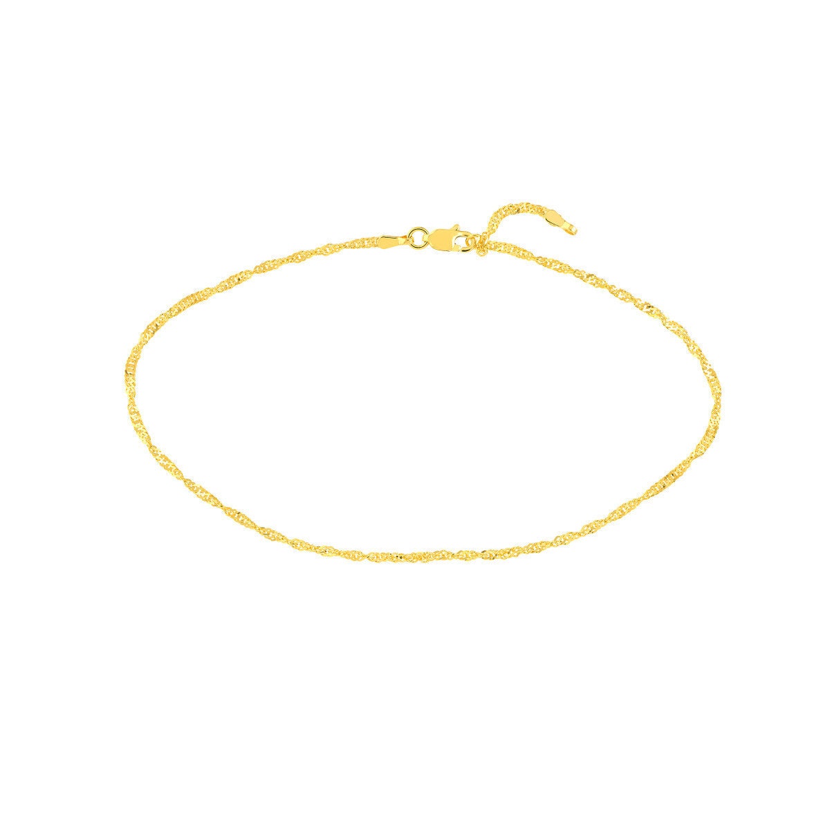 14K Yellow Gold Singapore Chain Anklet, 1.7mm Wide, Adjustable, 10" Long, Minimalist, Anklets For Women