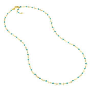 14K Yellow Gold Light Turquoise Enamel Bead on Piatto Chain, 10" Long, Gift For Her, Handmade Jewelry, Anklets For Women